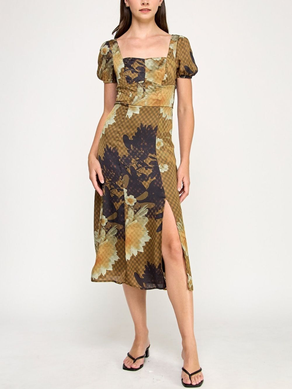 NWT BCX Juniors' Floral Printed Square-Neck Puff Sleeves Midi Dress